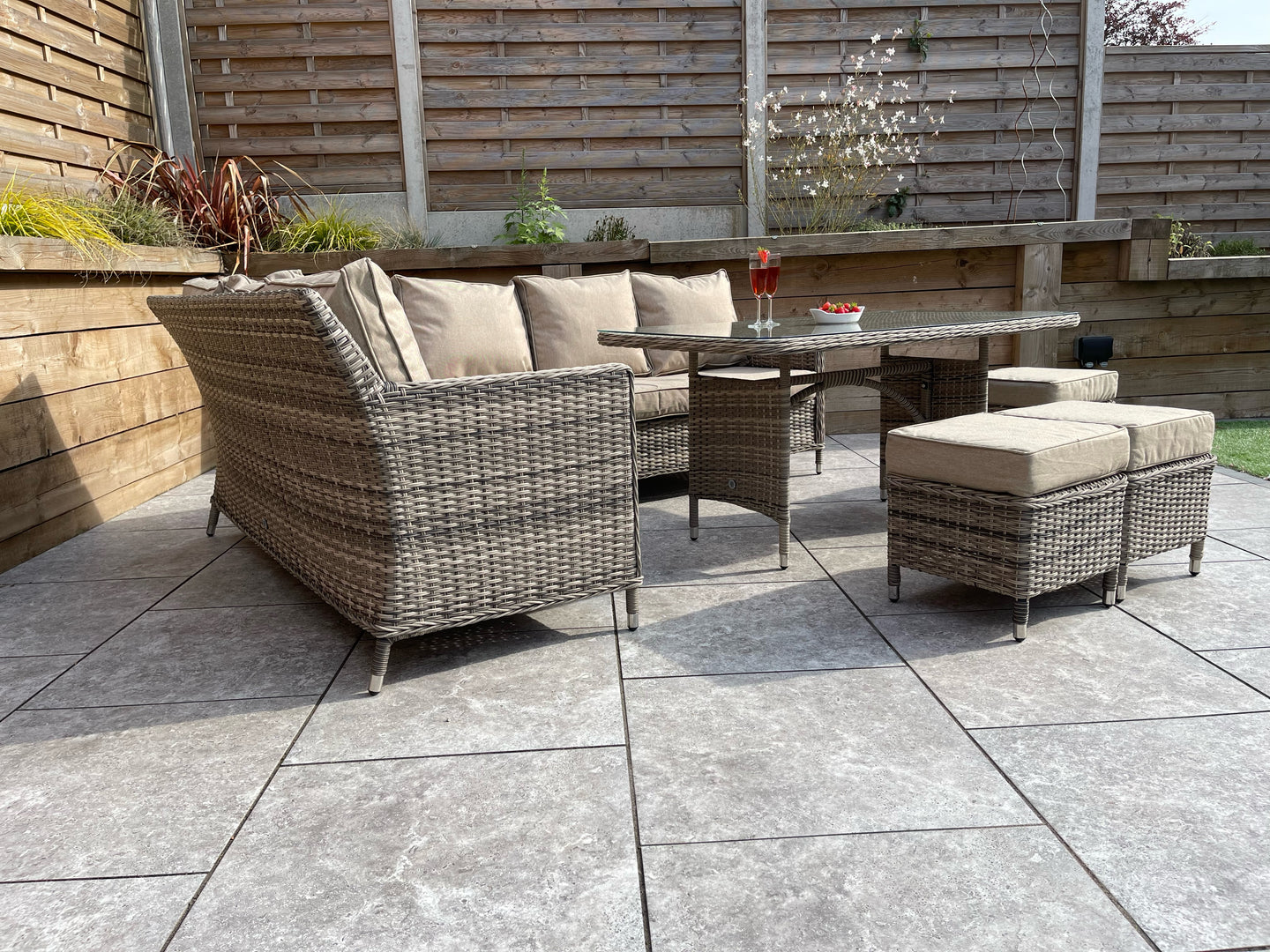 Signature Weave - Edwina Outdoor Corner Sofa Dining Set with Ottoman Stool Seats